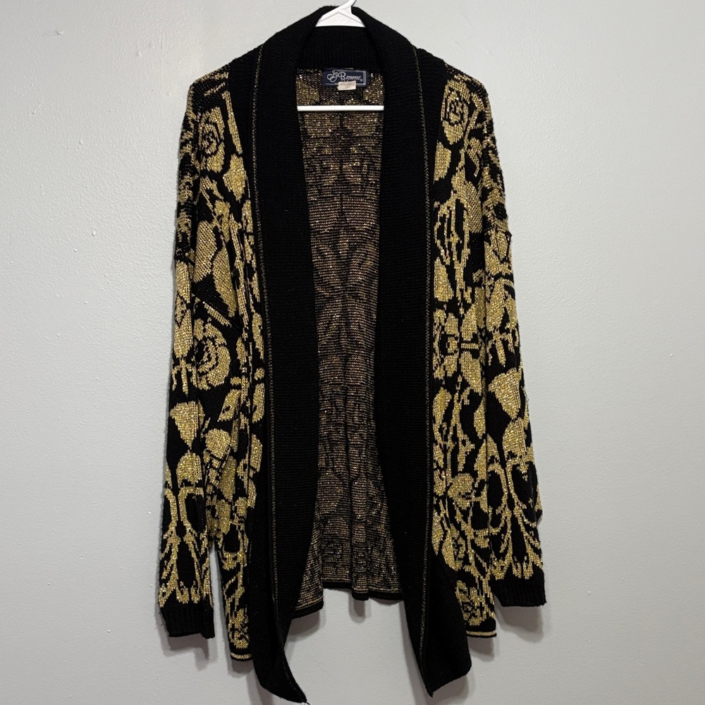 Vintage JJ Browne Sweater Metallic Gold Black Open Front Cardigan USA Size M